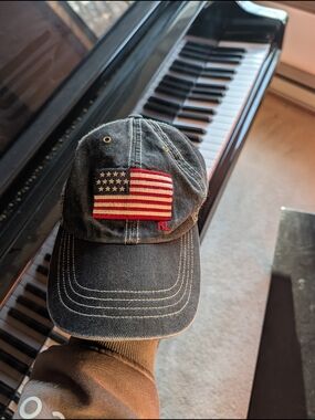 Ralph Lauren Distressed Black Denim Baseball Cap with American Flag Patch